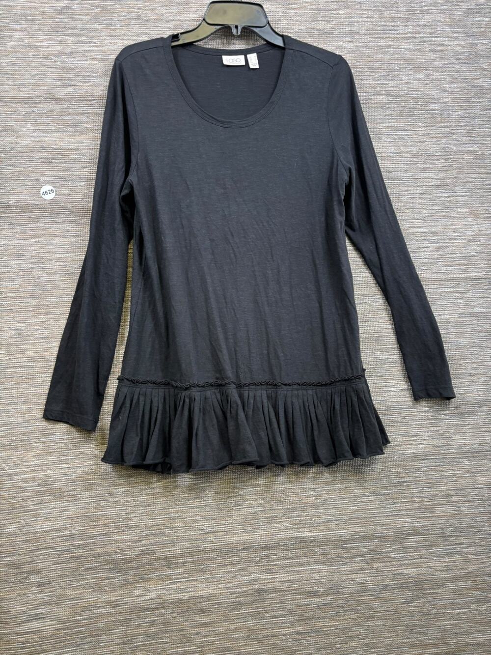 LOGO by Lori Goldstein Cotton Slub Knit Top with Pleated Hem Sz M Black A286939
